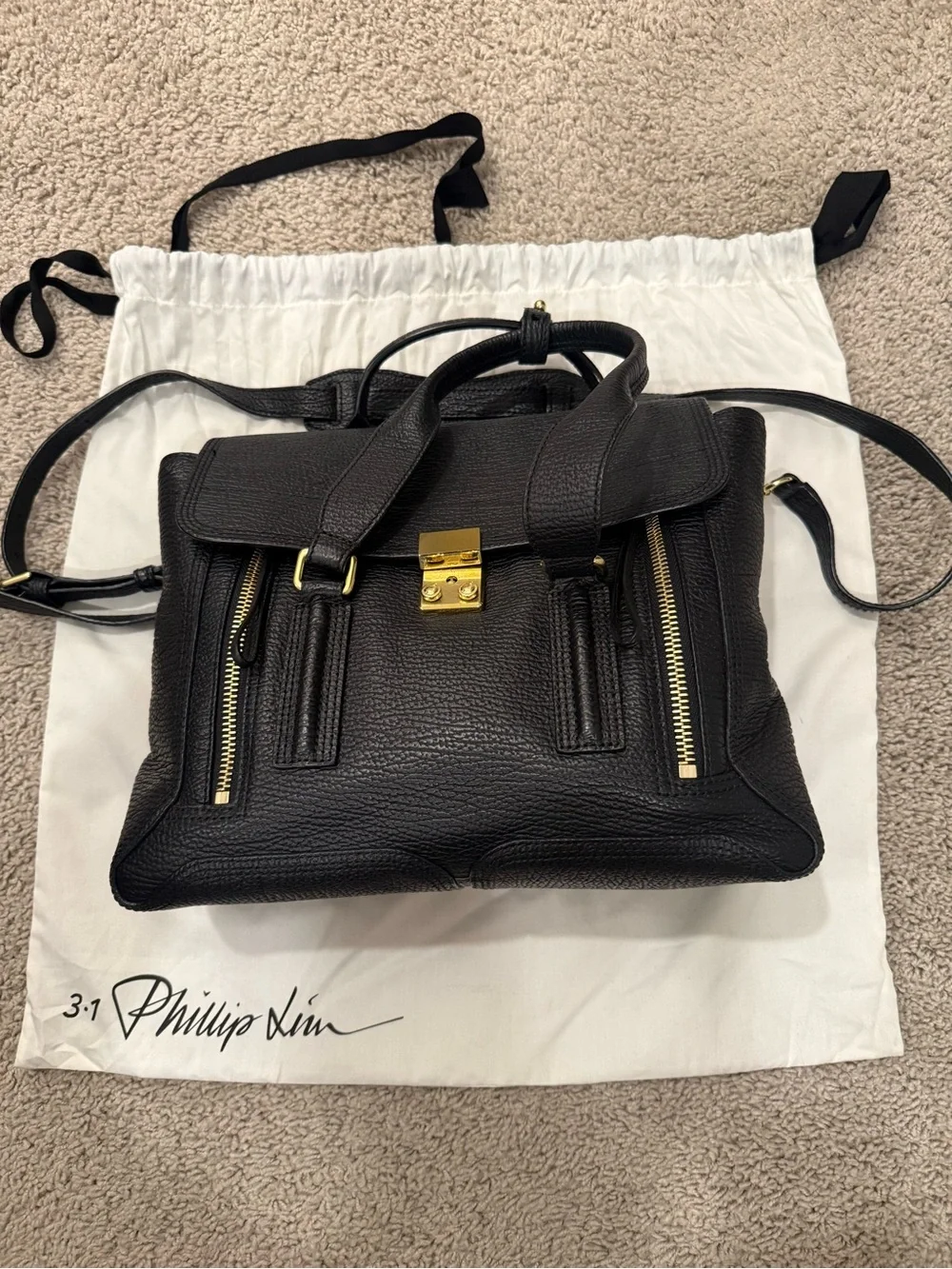 3.1 Phillip Lim Black Textured Leather Satchel with Gold Hardware